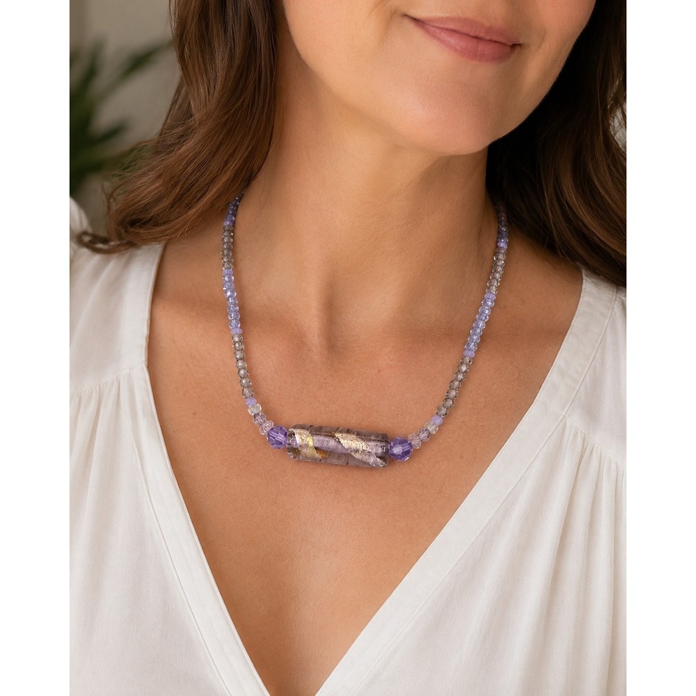 925 Sterling Silver Murano Art Glass Barrel Bead Necklace Purple Crystal Beaded